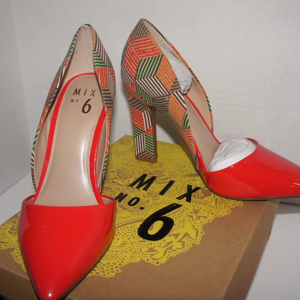 Mix No. 6 Red Patent and Multicolor Geometric Pump Heels